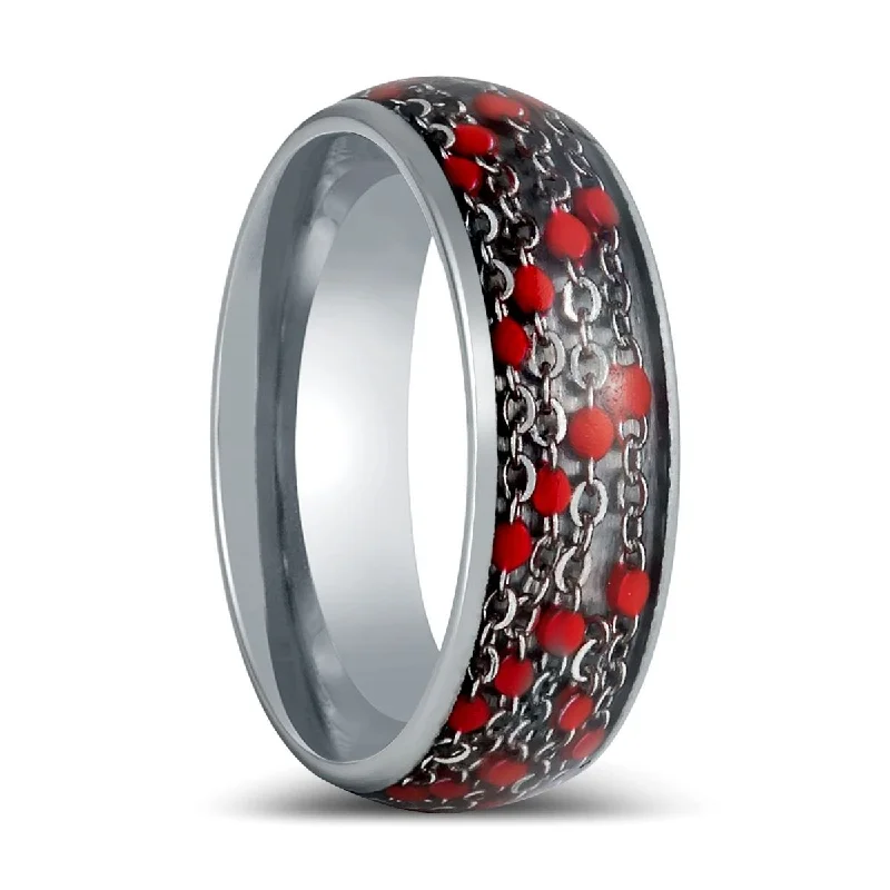 Simple gold ladies rings for women-SCARLETLINK | Silver Tungsten Ring, Domed Ring with Red Beads Inlay