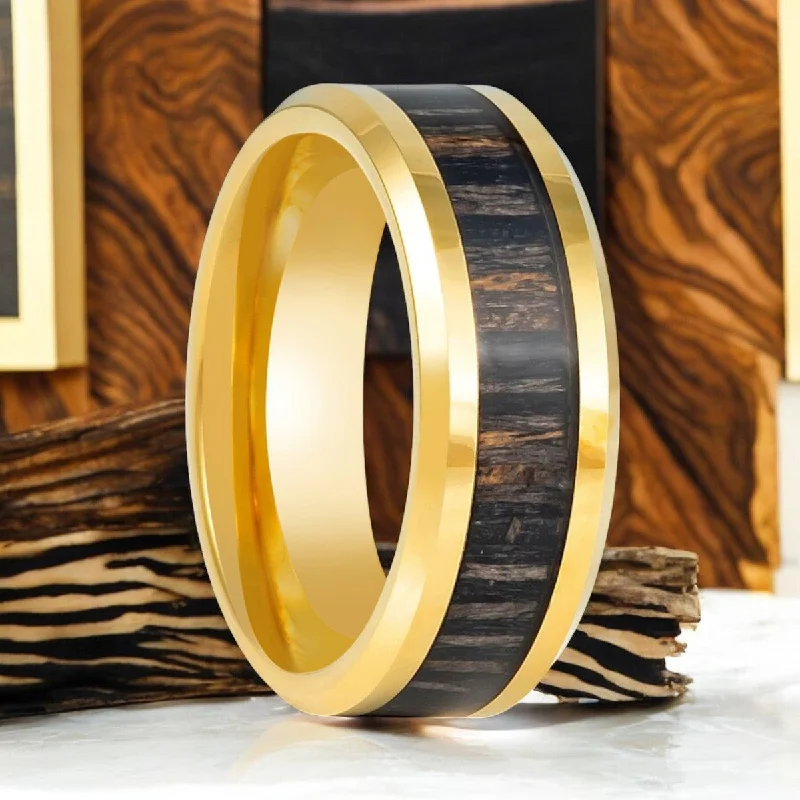 Precious stone ladies rings-ZEBROSTA | Gold Tungsten Ring, Zebra Wood Inlay, Beveled Edge