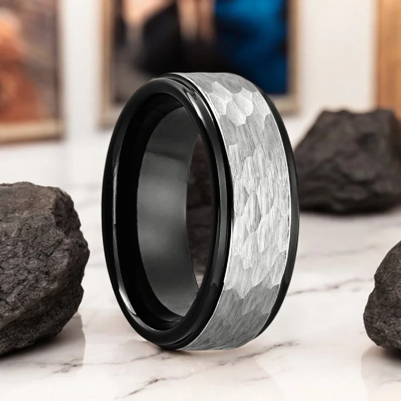 Platinum ladies rings with diamonds-ROCKY | Black Tungsten Ring, Grey Hammered, Stepped Edge