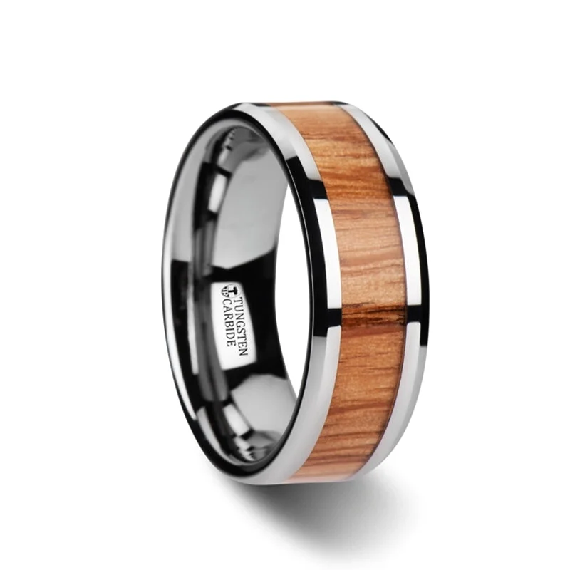 Unique wedding rings for women-Tungsten Men's Wedding Band with Red Oak Wood Inlay