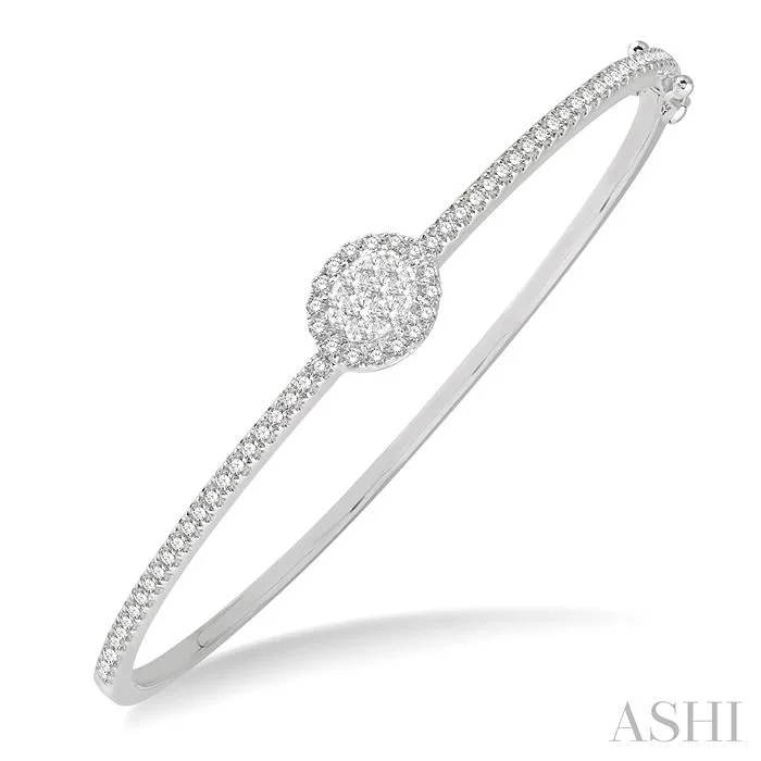 Stylish silver bangles for ladies-STACKABLE OVAL SHAPE HALO LOVEBRIGHT ESSENTIAL DIAMOND BANGLE