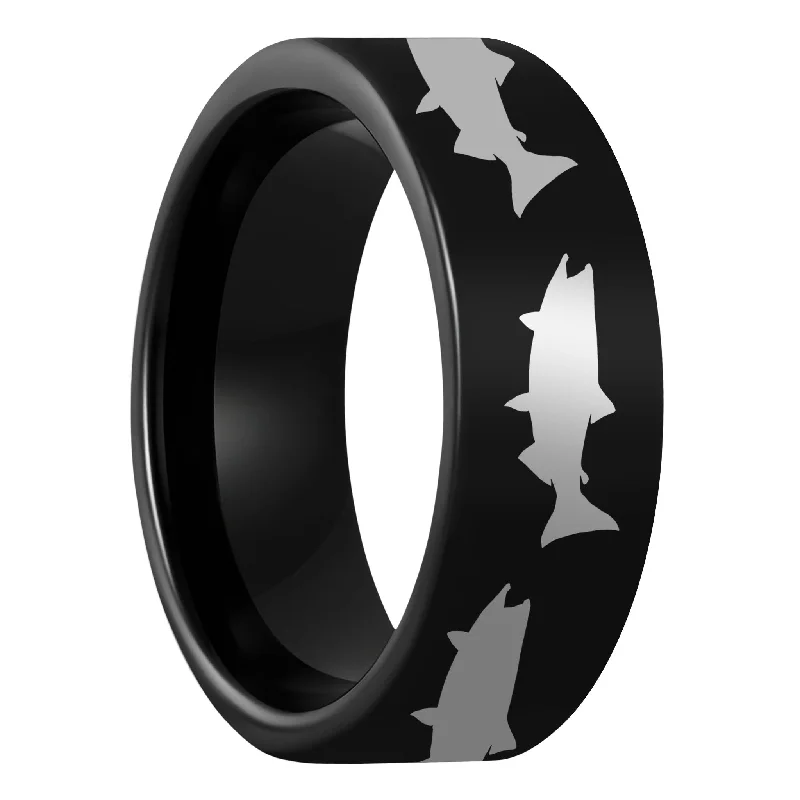 Unique wedding band rings for women-Salmon Fish Black Tungsten Men's Wedding Band