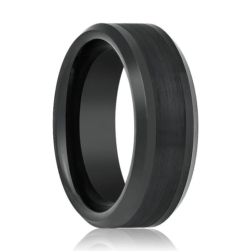 Rose gold engagement ladies rings-PANDARUS | Black Tungsten Ring, Brushed, Beveled