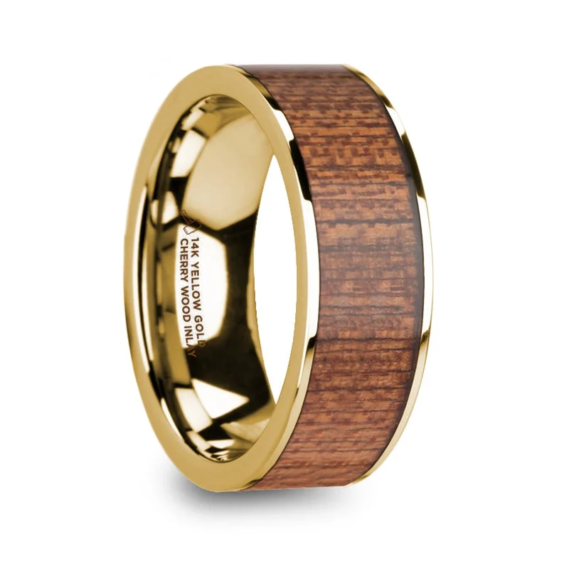 Ladies rings with birthstones for gifts-Cherry Wood Inlay 14k Yellow Gold Men's Wedding Band