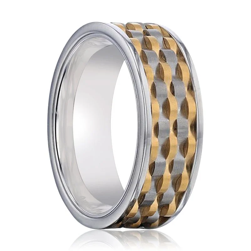 Personalized ladies rings for gifts-MONTROSE | Titanium Ring Wavy Gold and Gunmetal Texture