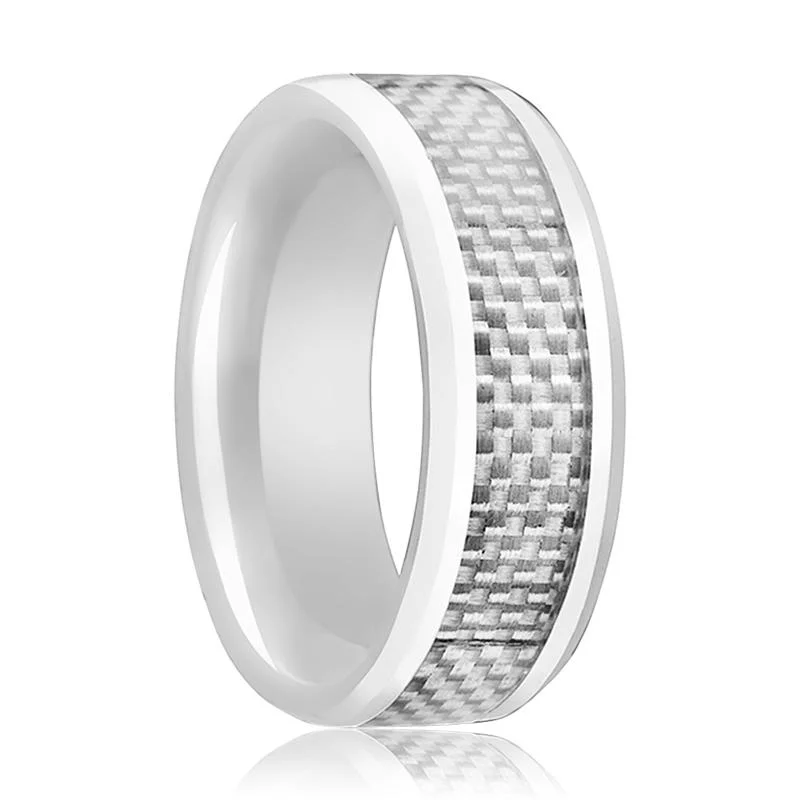 Handcrafted ladies rings with stones-KENYON | White Ceramic Ring, White Carbon Fiber Inlay, Beveled