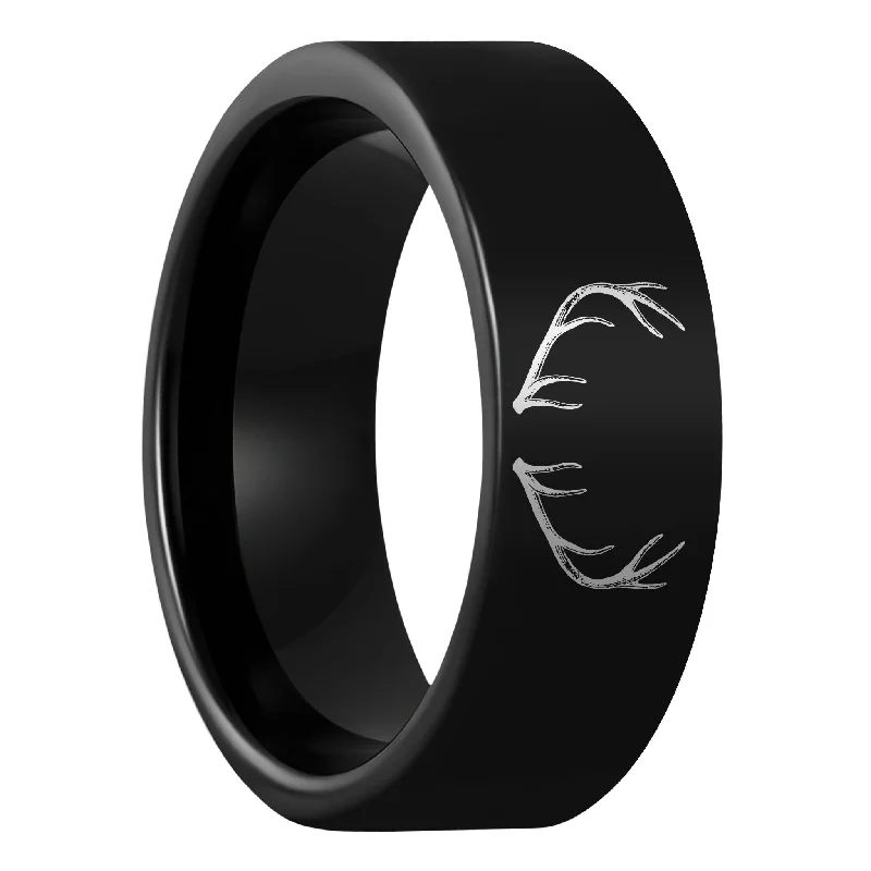 Gemstone ladies rings for weddings-Antler Engraved Black Tungsten Men's Wedding Band