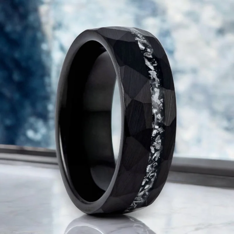 Gemstone ladies rings for weddings-TITANIS | Black Tungsten Ring, Titanium Shavings Inlay, Hammered