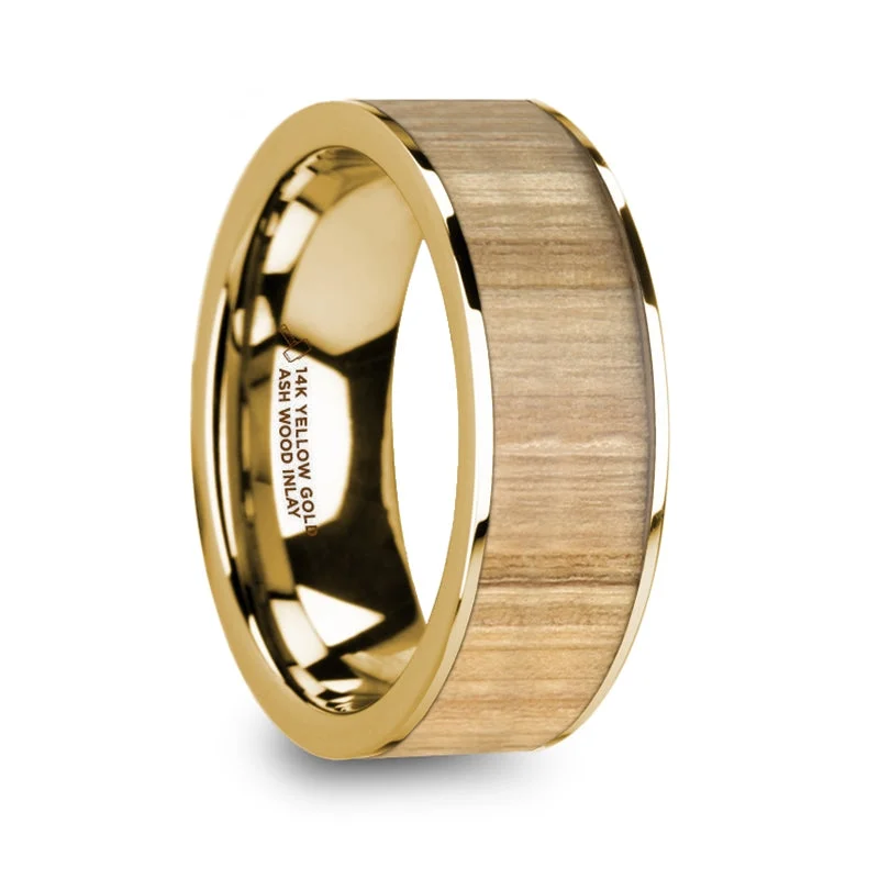 Classic solitaire ladies rings-Ash Wood Inlay 14k Yellow Gold Men's Wedding Band