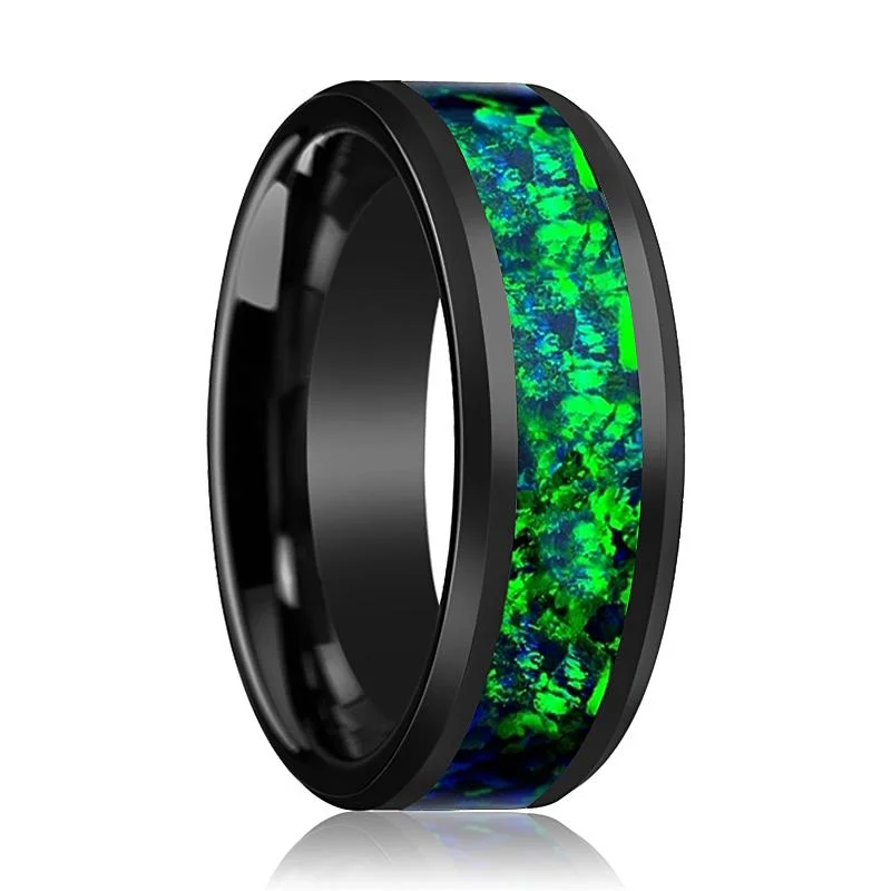 Large diamond ladies rings-PULSAR | Black Ceramic Ring, Emerald Green & Sapphire Blue Opal Inlay, Beveled