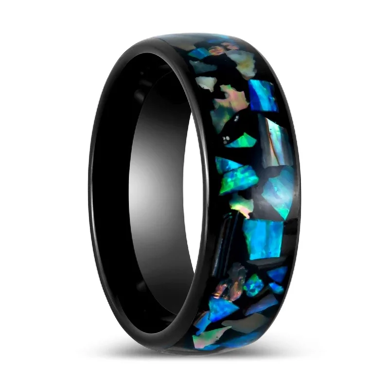 Elegant platinum rings for women-OLDHAM | Black Tungsten Ring Synthetic Opal Inlay