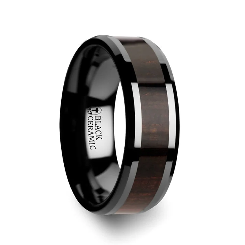 Fashionable ladies rings with pearls-Black Ceramic Men's Wedding Band with Black Ebony Wood Inlay