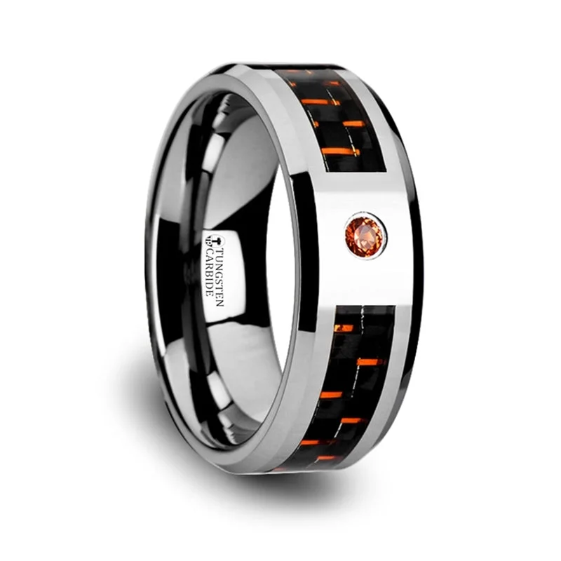 Minimalist design ladies rings-Tungsten Wedding Band with Black & Orange Carbon Fiber and Padparadscha