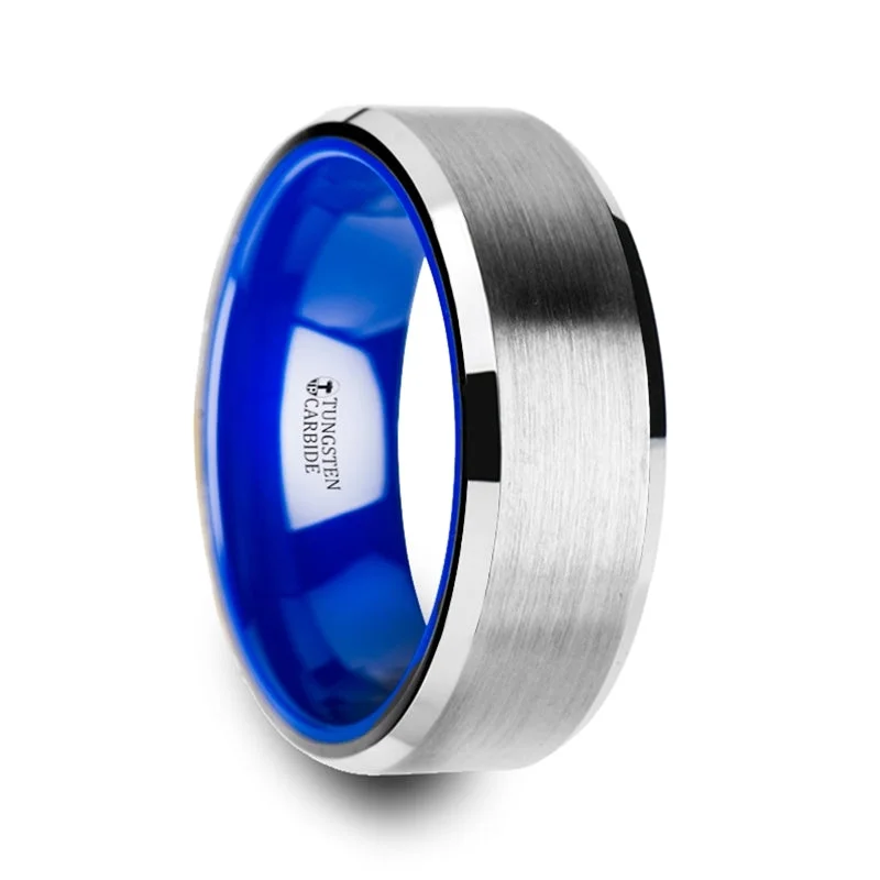 Personalized gemstone ladies rings-Tungsten Men's Wedding Band with Contrasting Blue Interior