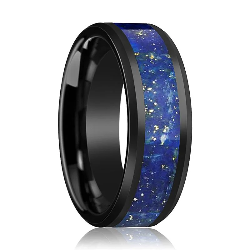 Stunning ladies rings for parties-MARLOW | Black Ceramic Ring, Blue Lapis Lazuli Inlay, Beveled