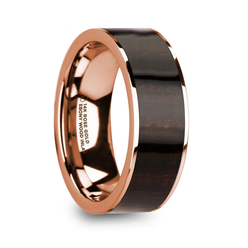 Adjustable size ladies rings-Ebony Wood Inlay 14k Rose Gold Men's Wedding Band