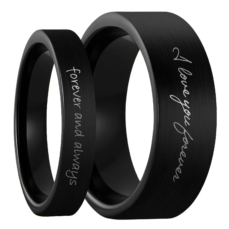 Large diamond ladies rings-Custom Handwriting Engraved Brushed Black Tungsten Couple's Matching Ring Set