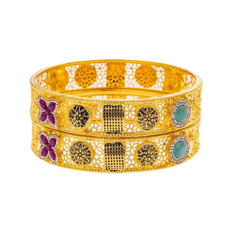 Multi-layered bangles for women-22K Yellow Gold, Emerald, Ruby, & CZ Bangle Set of 2 in Size 2.6 (44.2gm)