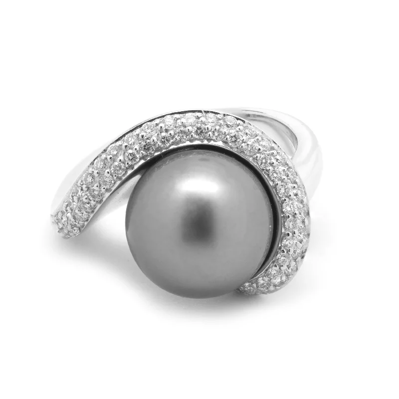 Custom-designed engagement rings with intricate details-14 Karat White Gold Tahitian Pearl and Diamond Ring