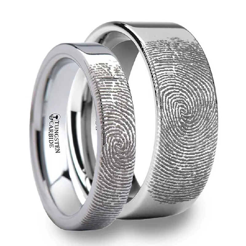 Multi-stone ladies rings-Custom Fingerprint Engraved Tungsten Couple's Matching Ring Set