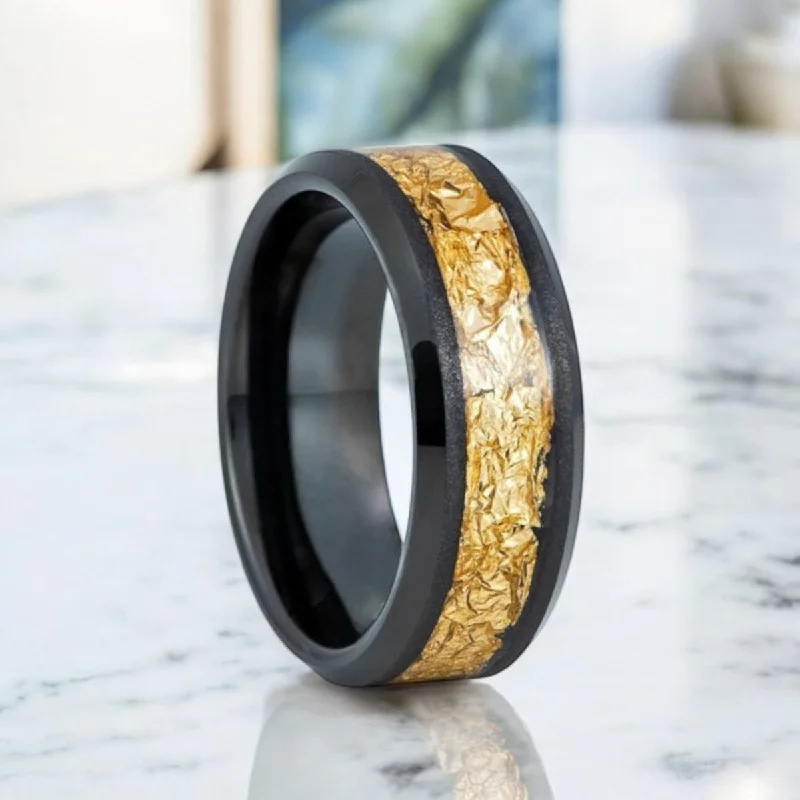 Ladies rings with black gemstones-ZORYN | Black Tungsten Ring, Gold Foil Inlay, Beveled, 8mm