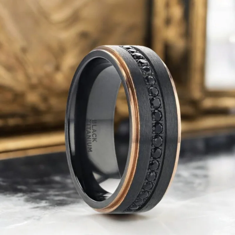 Simple silver ladies rings-ASTRO | Black Titanium Ring, Sapphire Stones, Rose Gold Stepped Edges