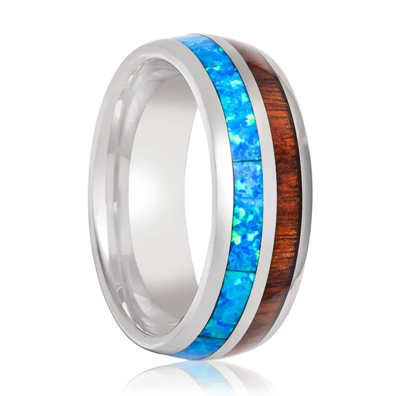 Wedding ladies rings with diamonds-GENIE | Silver Tungsten Ring, Koa Wood & Blue Opal Inlay, Domed