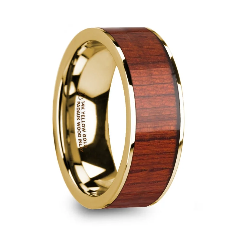 Handmade ladies rings with designs-Padauk Wood Inlay 14k Yellow Gold Men's Wedding Band