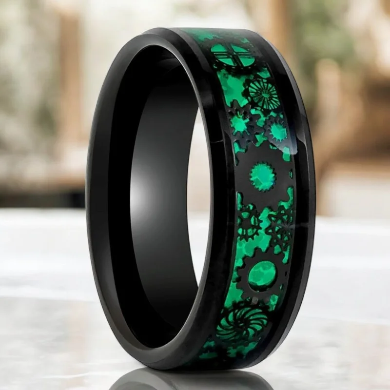 Elegant rings for ladies-COGSPRING | Black Tungsten Ring, Steampunk Gear over Green Carbon Fiber Inlay