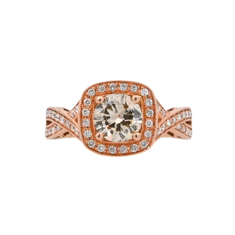 Affordable platinum engagement rings with diamonds-14K Rose Round Diamond 0.90Ct Halo Engagement Ring