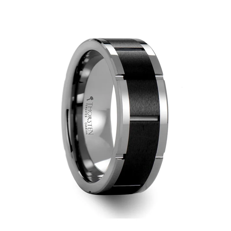 Large stone ladies rings for women-Watch Band Style Tungsten Men's Wedding Band with Black Ceramic Inlay