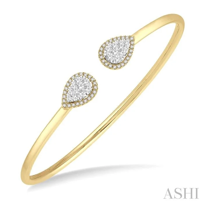 Fashionable ladies bracelets with crystals-STACKABLE PEAR SHAPE HALO LOVEBRIGHT ESSENTIAL DIAMOND OPEN CUFF BANGLE