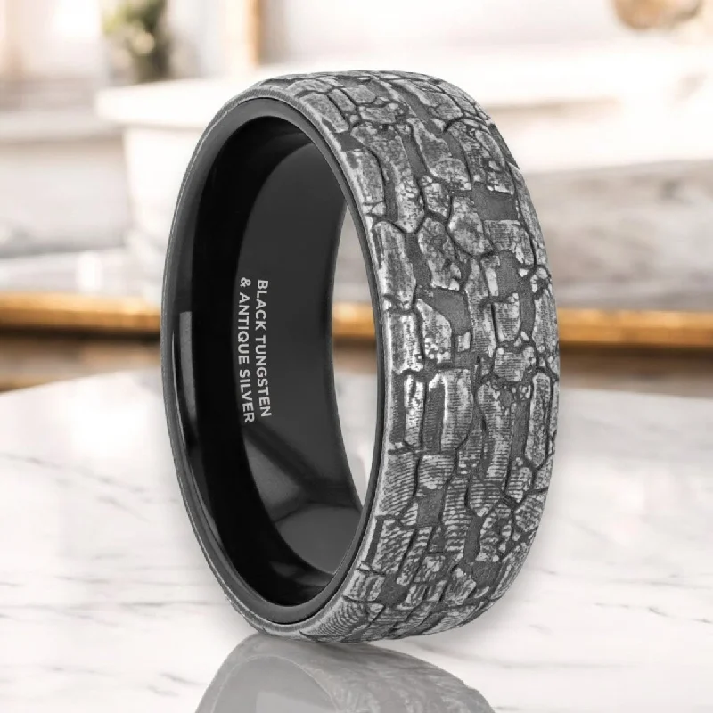 Ethically sourced diamond ladies rings-BROOKSTONE | Black Tungsten Ring, Sterling Silver Stonework Pattern