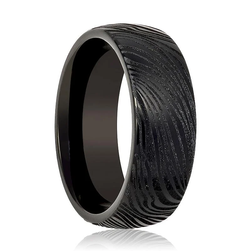 Ladies rings with sapphires-MUKUGLO | Black Tungsten Ring, Laser Engraved Mukume Gane Effect, Domed