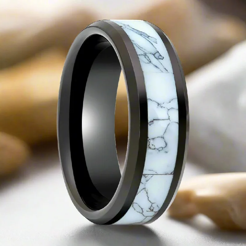 Special occasion ladies rings-ROSSITER | Black Tungsten Ring White Turquoise Inlay