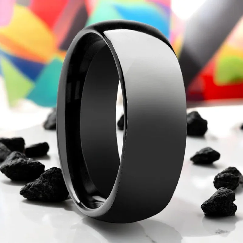 Simple ladies rings for everyday wear-PEPPER | Black Tungsten Ring, Shiny High Polished, Domed