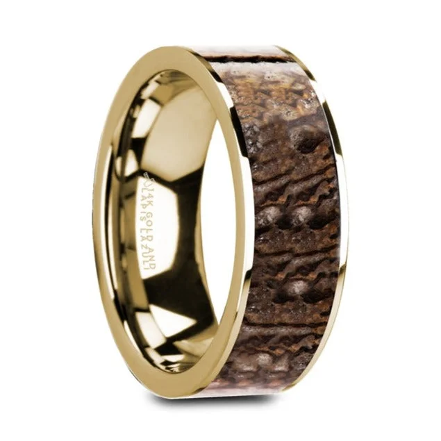 Wedding rings for women-Brown Dinosaur Bone Inlay 14k Yellow Gold Men's Wedding Band