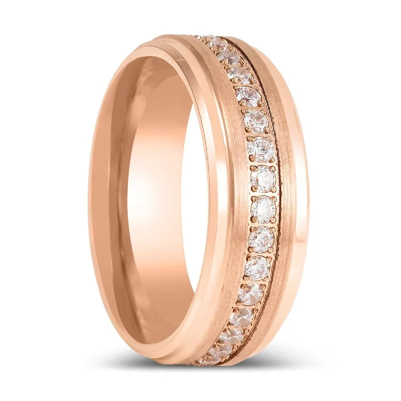 Affordable gemstone ladies rings-ENER | Rose Gold Tungsten Ring with Round White CZ