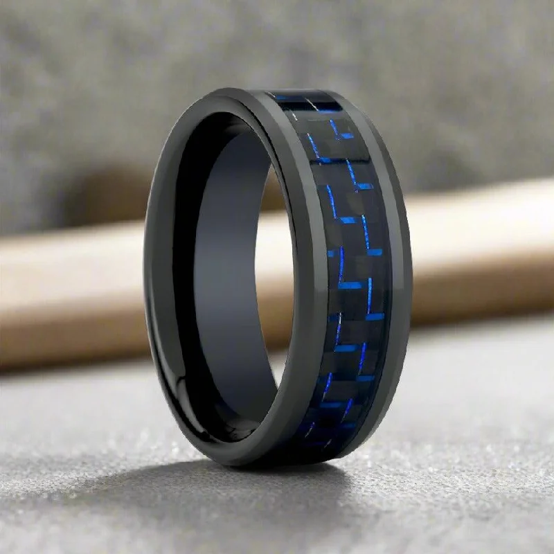 Elegant rings for ladies-AVITUS | Black Ceramic Ring, Blue & Black Carbon Fiber Inlay, Beveled