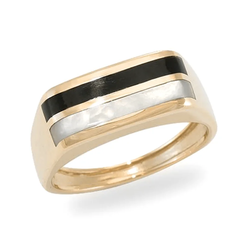 Luxury gold ladies rings-Black Coral Ring in Gold with Mother of Pearl