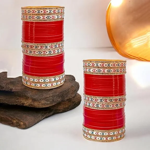 Adjustable bangles for women-Tehzeeb Creations Bridal Bangle Set Red Designer Chura Wedding Punjabi Choora Fashion Jewellery Chuda Set