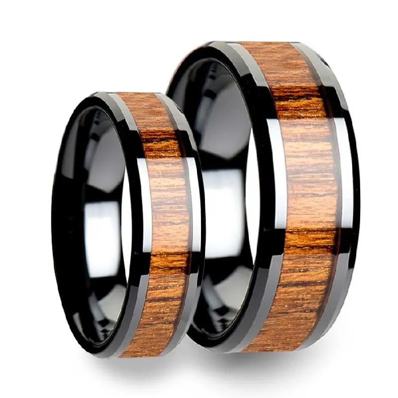 Unique wedding rings for women-Teak Wood Inlaid Black Ceramic Couple's Matching Wedding Band Set