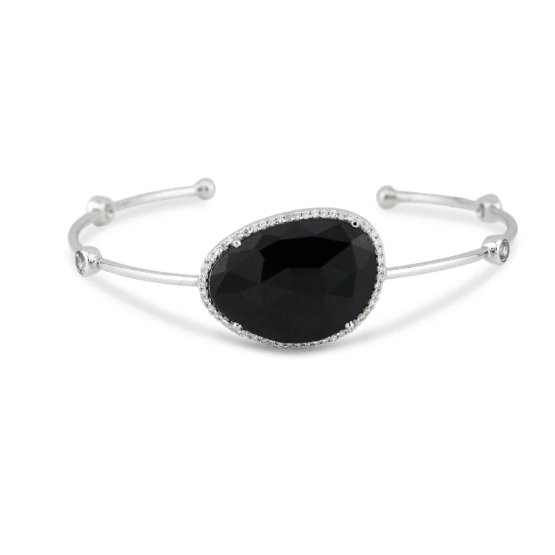 Beautiful gemstone bracelets for women-Black Spinnel Unshape, White Sapphire & Diamond Bangle In 18K White Gold