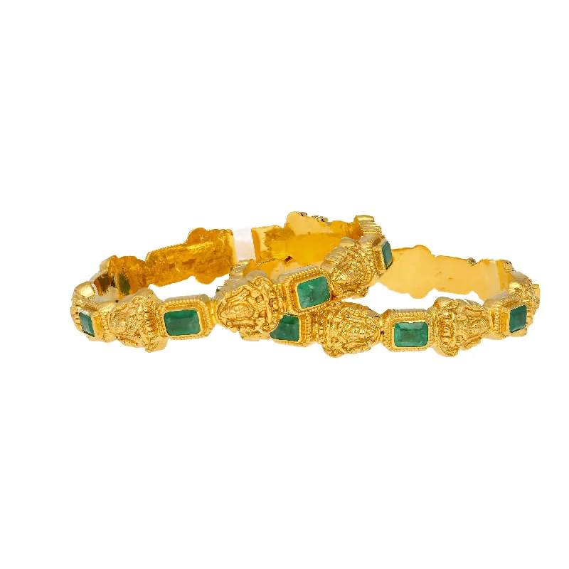 Simple ladies bracelets for casual wear-22K Yellow Gold & Emerald Laxmi Bangle Set (54.9 grams)