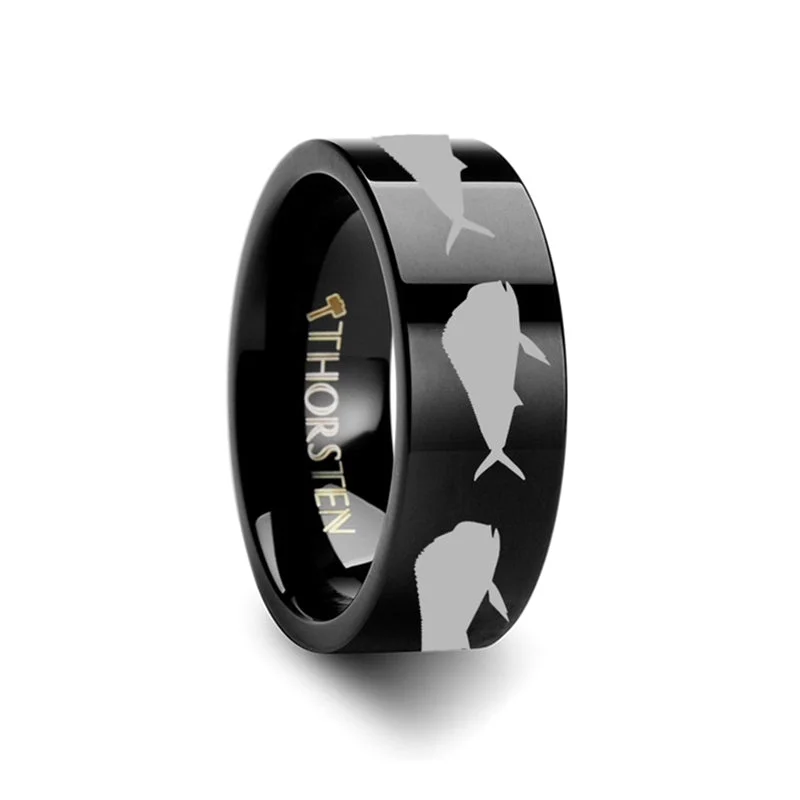 Luxury gold ladies rings-Mahi Mahi Dolphinfish Black Tungsten Men's Wedding Band