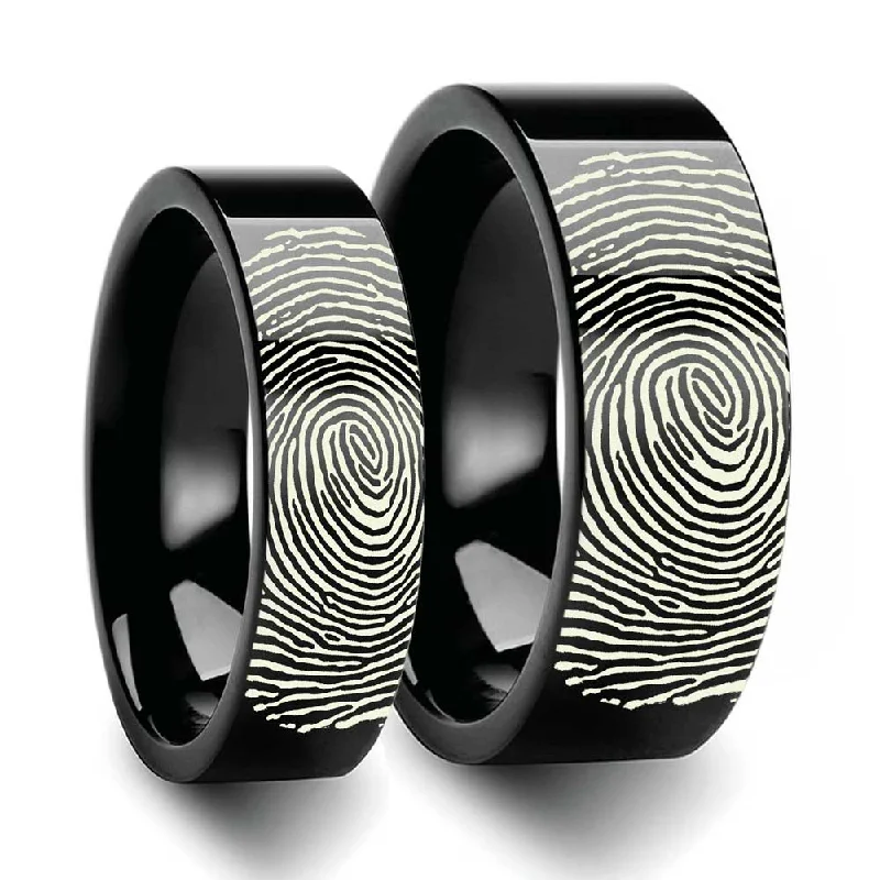 Double band ladies rings-Custom Fingerprint Engraved Black Tungsten Couple's Matching Ring Set