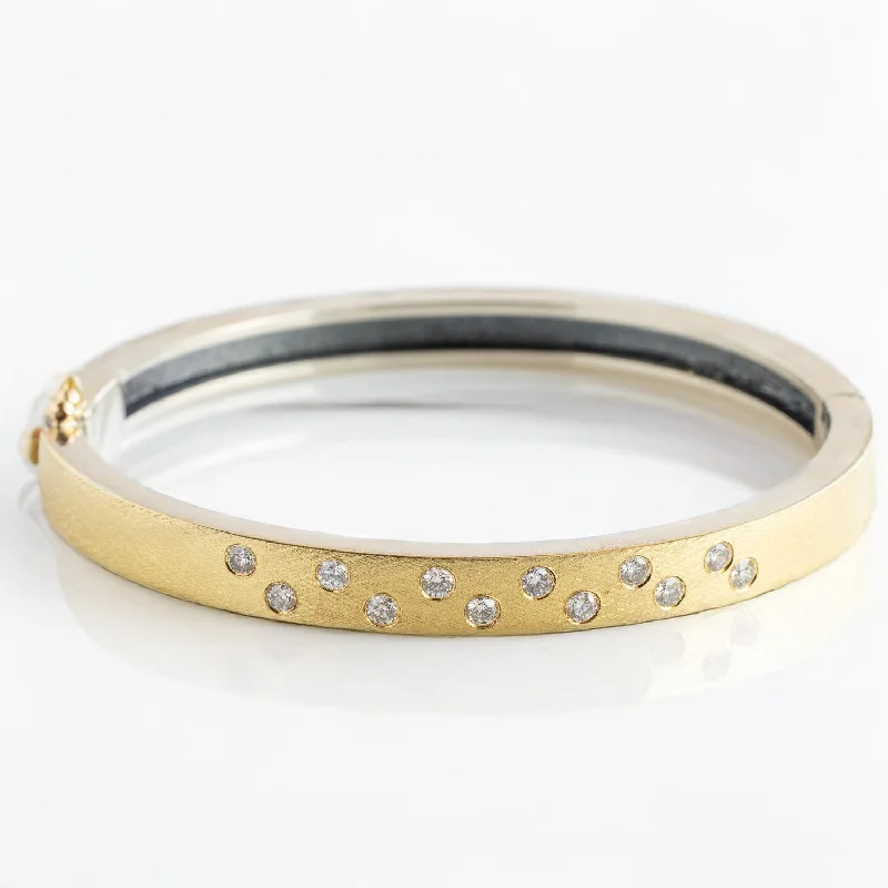 Gold-plated ladies bangles-Wide Yellow Gold Bangle with Zig Zag Diamonds