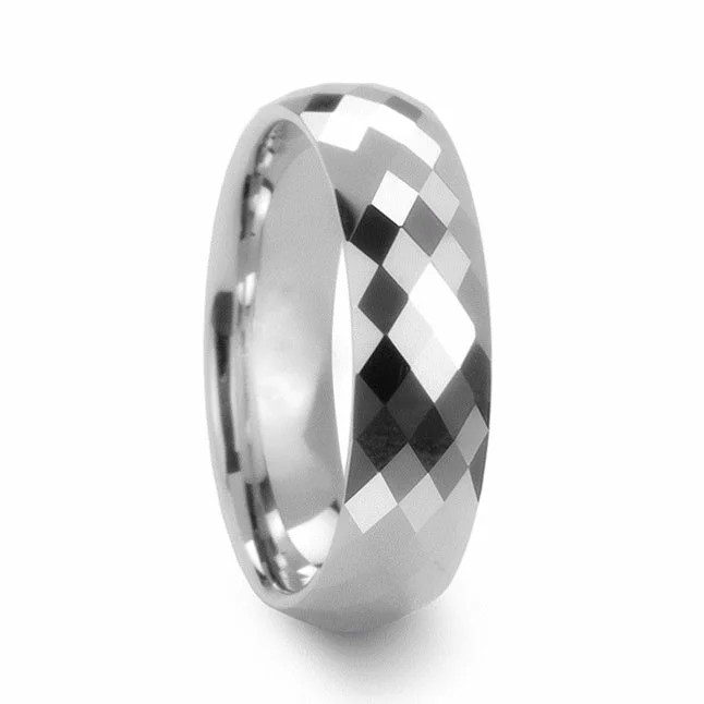 Vintage-inspired engagement rings for women-Diamond Faceted White Tungsten Wedding Band