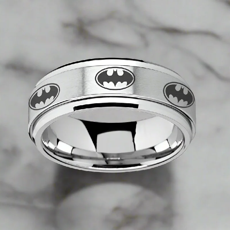 Ladies rings with emerald stones-VIGILANTE | Silver Tungsten Ring, Fidget Spinner, Laser Engraved Batmen, Beveled