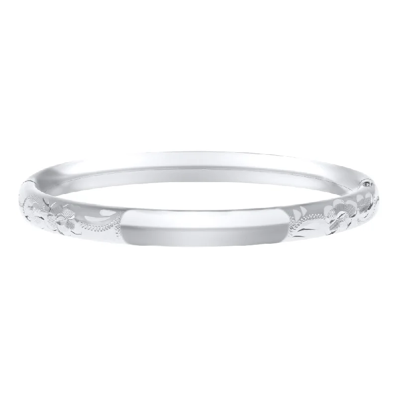 Minimalist silver bracelets for women-Sterling Silver Baby Bangle with Floral Engraving